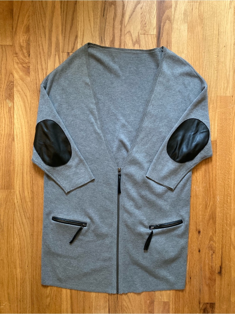 Nordstrom Gray Knit Zip Coatigan with Black Elbow Patches